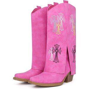 Women's Synthetic Fuchsia Western Cowgirl Chunky Heel Mid Calf Embroidered Boots